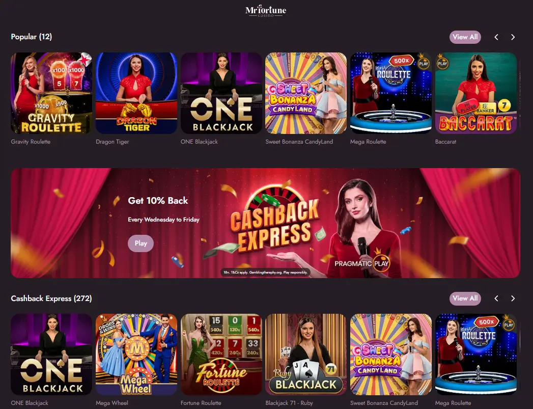 Banner with Popular Games at Mr Fortune Casino